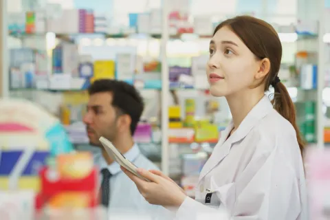 Pharmacist checking stock